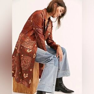 Free People Red and Brown Patterned Trench Coat